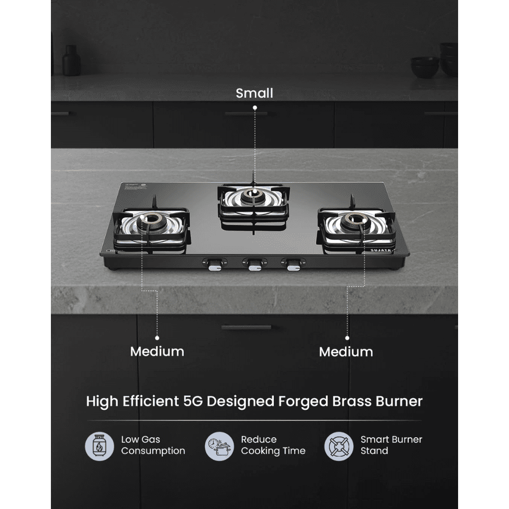 Sujata Cooktop Classic AI, 3 Burner Glass Top Auto Ignition Brass Burner Gas Stove (Black)