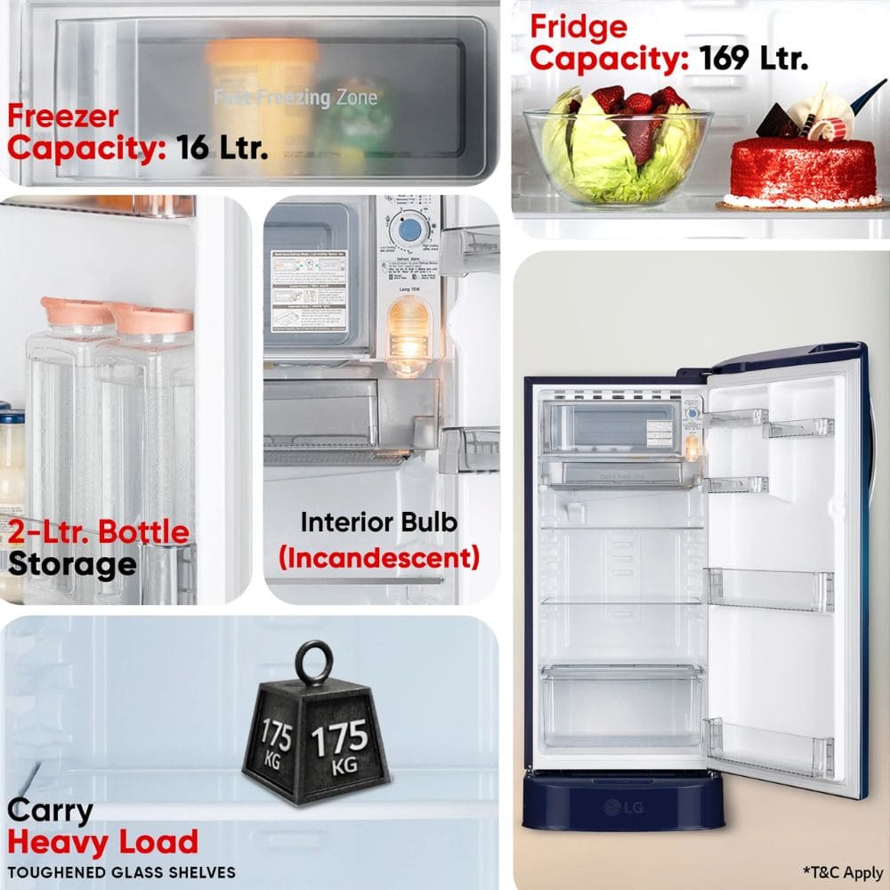 LG 185 Ltrs 3 Star Inverter Single Door Refrigerator (GLD1936YABW, Blue Water)