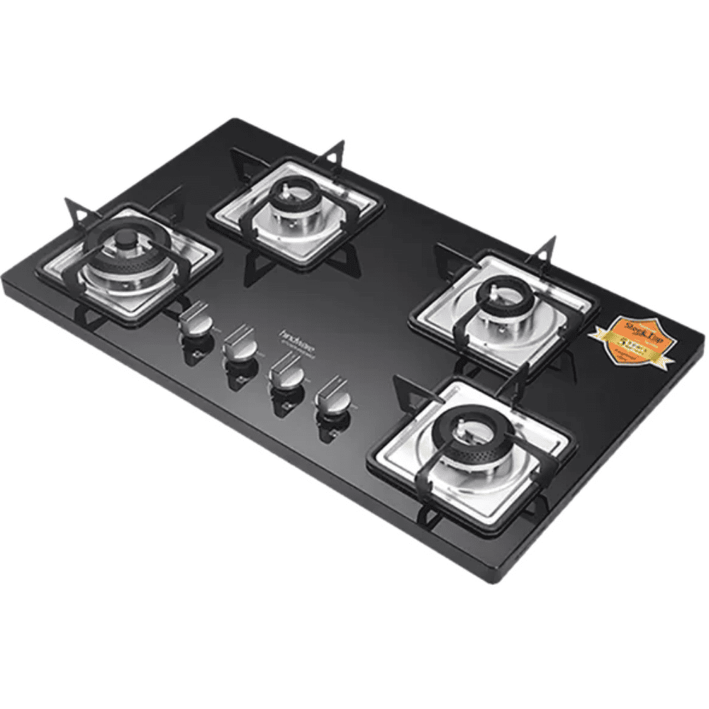 Hindware Hob , ROSIA PLUS 4B 76, 4 Burner 76 cm Auto Ignition Glass Top Full Brass Burners 2 Medium + 1 small +1 High (Black)