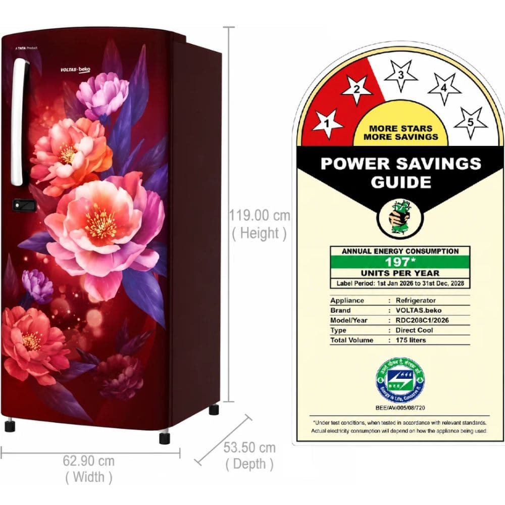 Voltas Beko 175 Ltrs, 2 Star Direct Cool Single Door Refrigerator (RDC208C1, Bonita Wine)