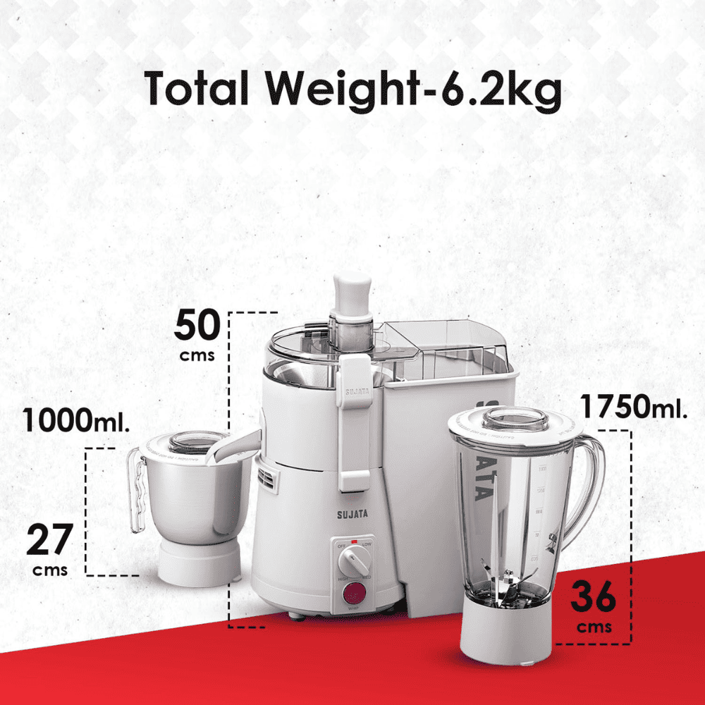 Sujata 900 Watts Juicer Mixer Grinder with 2 Jars (Powermatic plus, White)