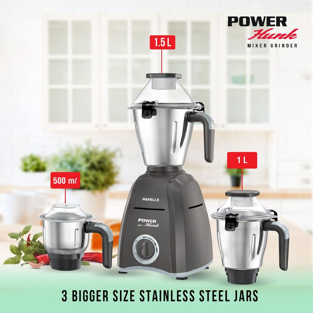 Havells MG POWER Hunk, 800 Watt 3 Jars Mixer Grinder (Black)