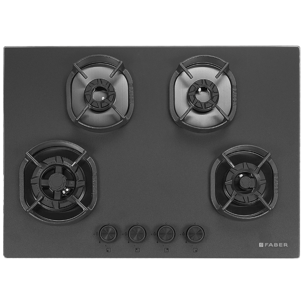 Faber Hob DELLA HD724 CI AI, 4 burner 90 cm Auto Ignition Glass Top Full Brass Burners 1 Medium +1 Small + 1 High Gas Stove (Black)