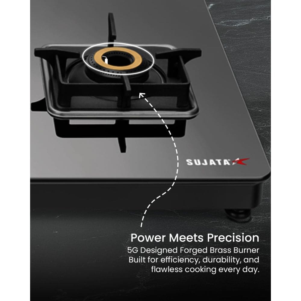Sujata Cooktop Premium, 4 Burner Glass Top 5G Designed Forged Brass Burner Gas Stove (Black)
