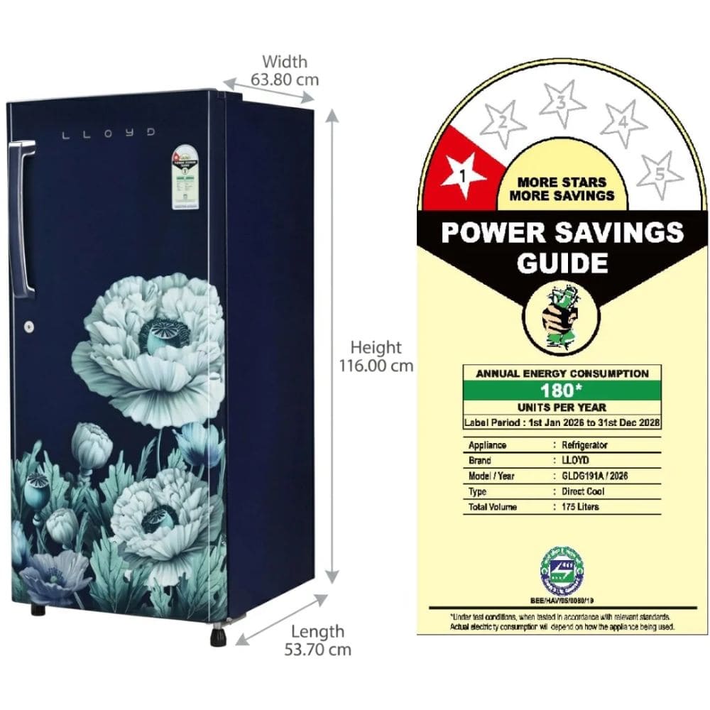 Lloyd 175 Ltrs, 1 Star Direct Cool Single Door Refrigerator (GLDG191AEBCF,Escape Blue)