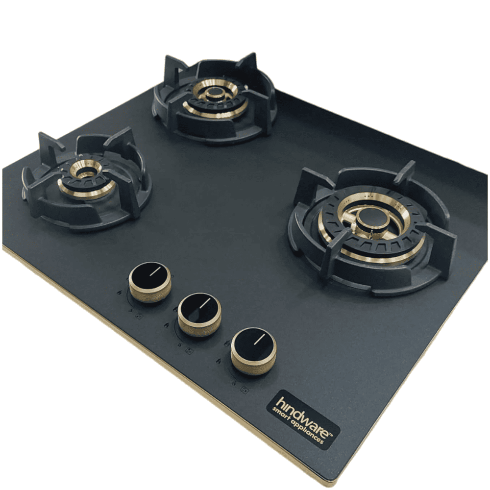 Hindware Hob, IVANA 3B 60, 3 burner 60 cm Frost Glass Metallic Finish Brass Burners 1 Medium + 1 Small + 1 High (Black)