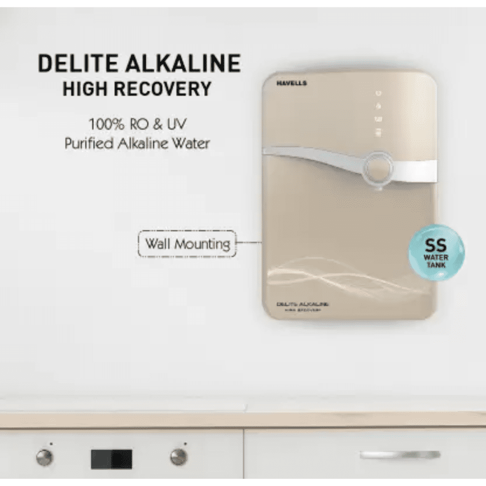Havells Delite HR, 6.5 Ltrs Alkaline High Recovery RO + ECO + UV Alkaline Water Purifier, Beige & Silver