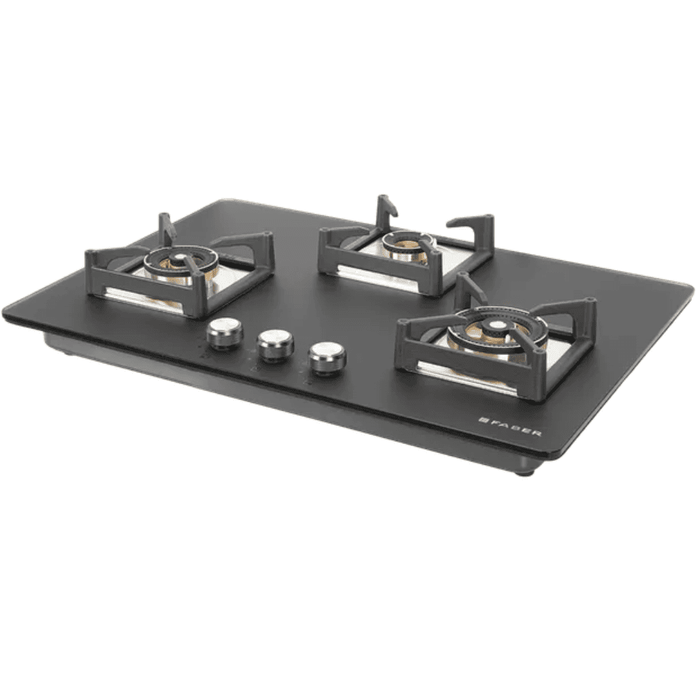 Faber Hob BELLA HT753 BR AI, 3 burner 75 cm Auto Ignition Glass Top Full Brass Burners 2 Medium + 1 Small with Flame Failure Device (Black)