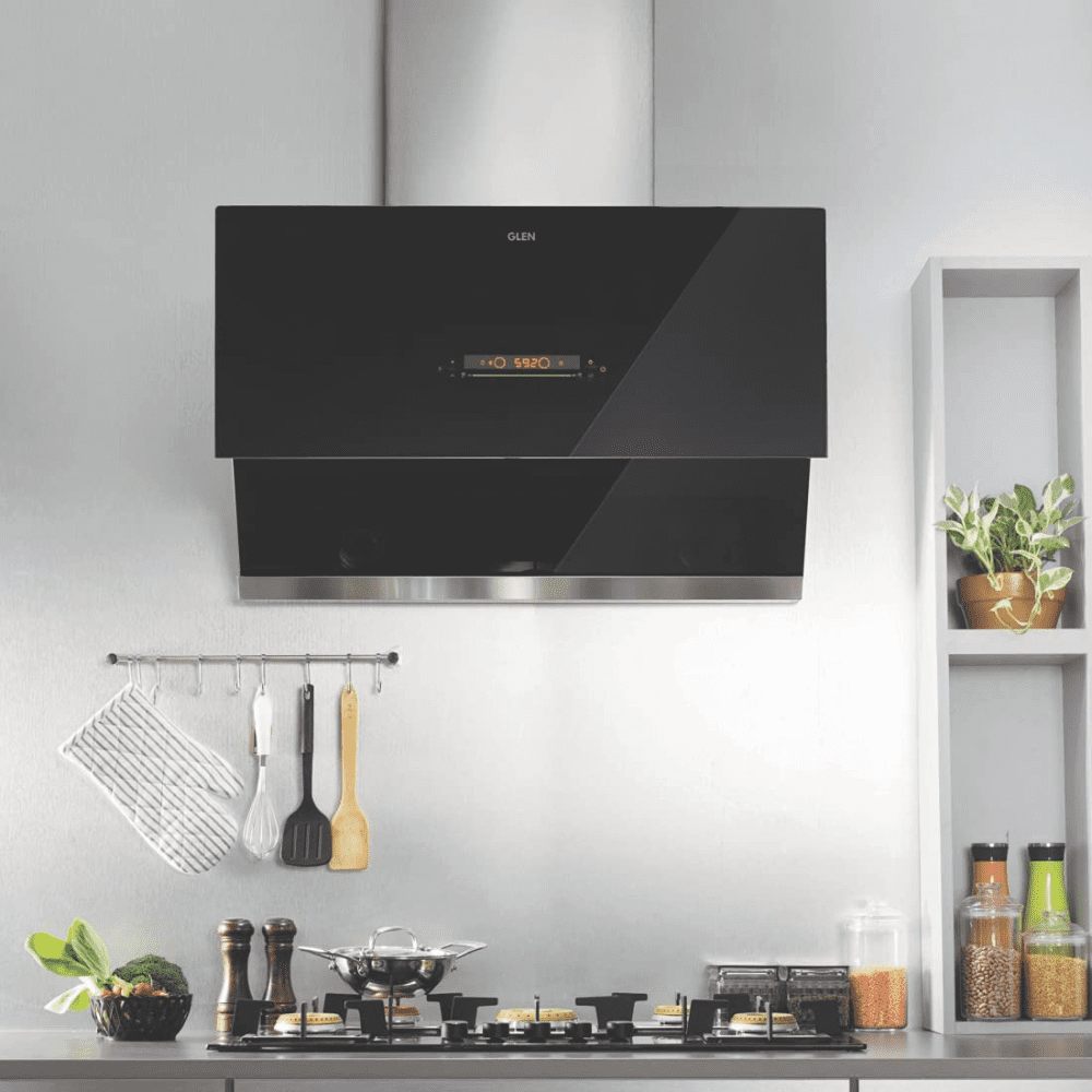 Glen 6074, 90 cm 1400 m3/hr Auto Clean Vertical Glass Kitchen Chimney, Filterless Technology (Black)