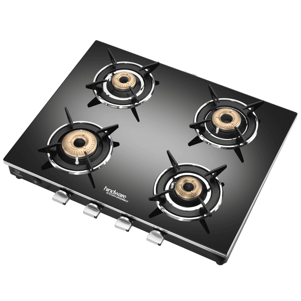 Hindware Cooktop, EMINEO 4B AI BLK, 4 Burner 77 cm Auto Ignition Glass Top Brass Burner 3 Medium + 1 small Gas Stove (Black)