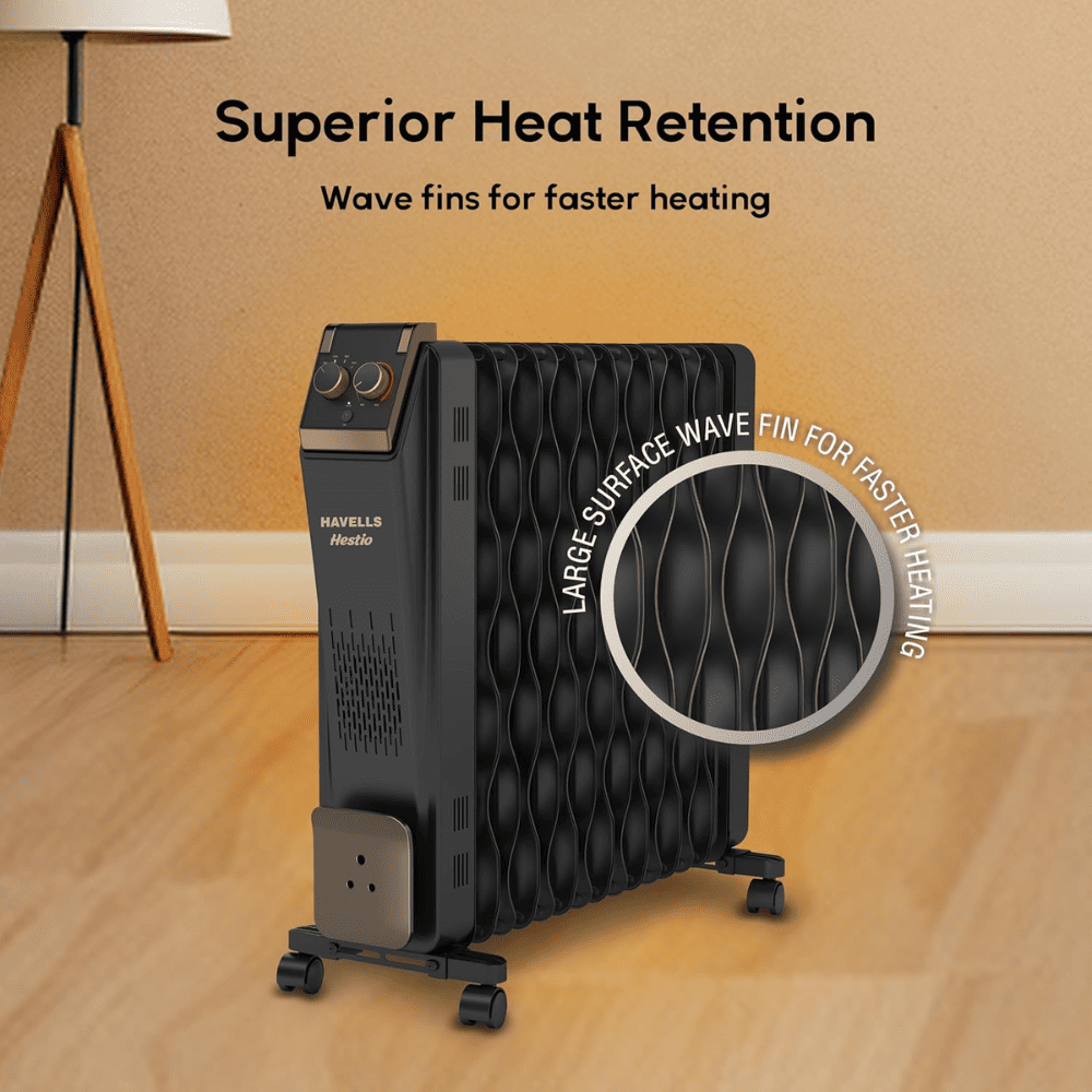 Havells 15 Wave Fins, 2900Watts Oil Filled Radiators with Fan Room Heater (Hestio OFR15, Black)