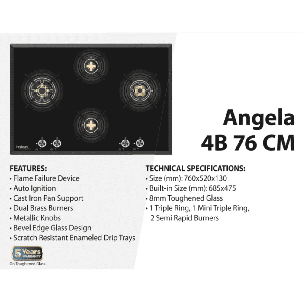 Hindware Hob, ANGELA 4B 76 CM4 Burner 76 cm Auto Ignition Mirror Finished Glass Top Brass Burner 1 Medium +2 Big + 1 Small Gas Stove (Black)