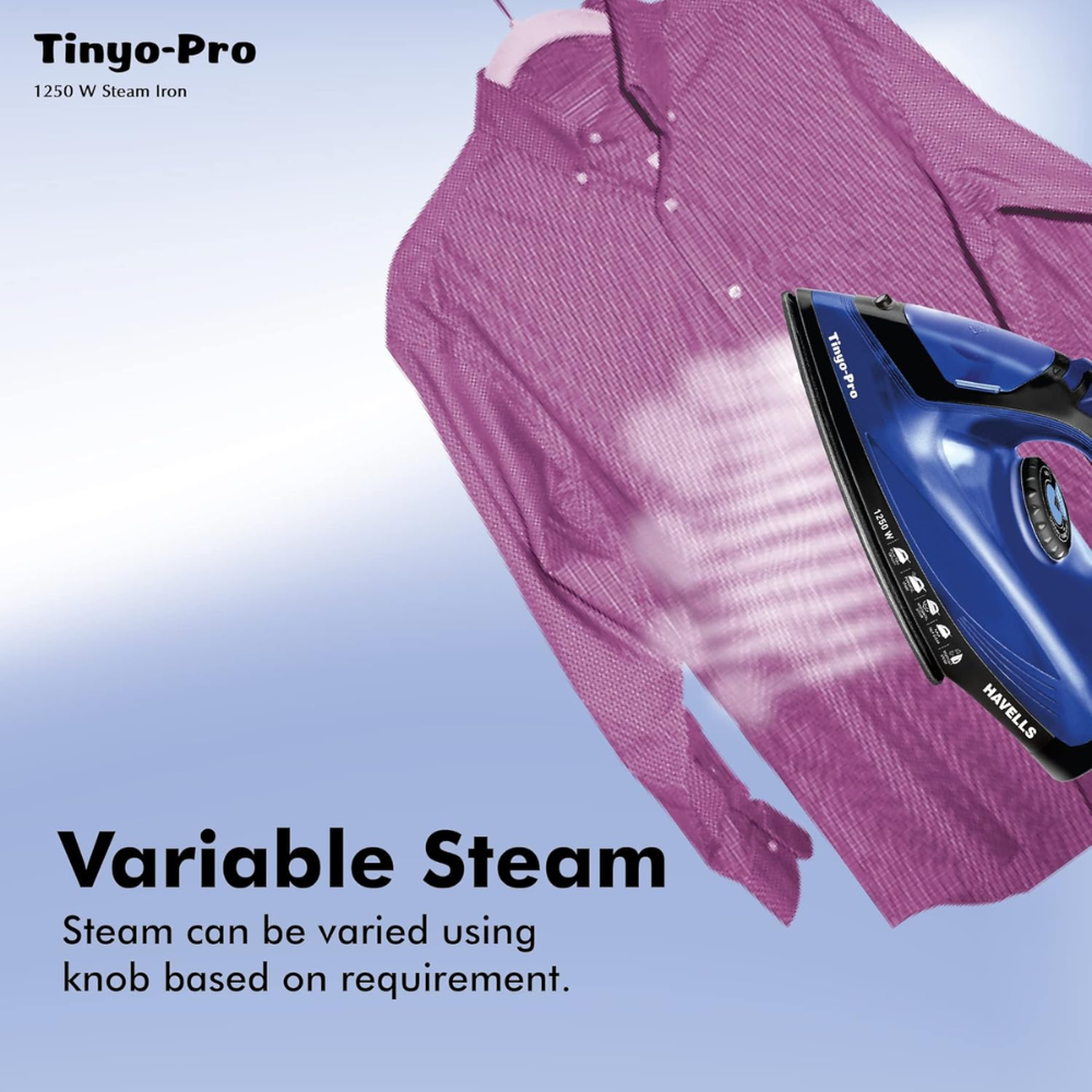 Havells Tinyo Pro, 1250 Watts Self Clean Steam Iron Press with Power full Steam Spray (Blue)
