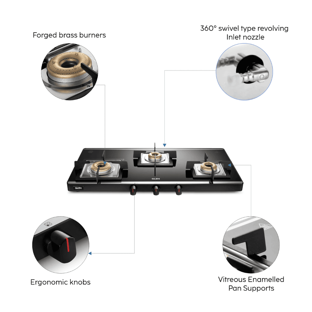 Glen Cooktop, 1035 ULTRA SLIM BLK AI, 3 Burner Auto Manual Ultra Slim Apricot Glass Top Brass Burner 1 Medium + 1 small +1 High Flame Gas Stove (Black)