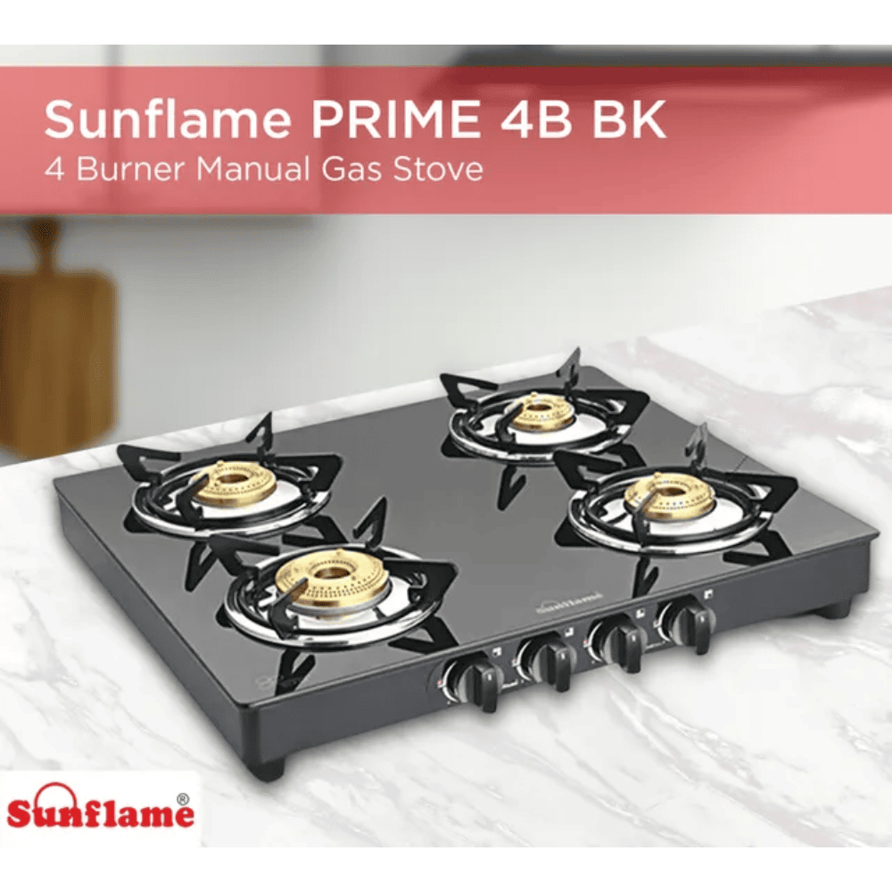 Sunflame Cooktop, PRIME 4B BK, 4 Burner Auto Manual Ignition Glass Top Brass Burner 1 Big + 2 Medium + 1 small Gas Stove (Black)