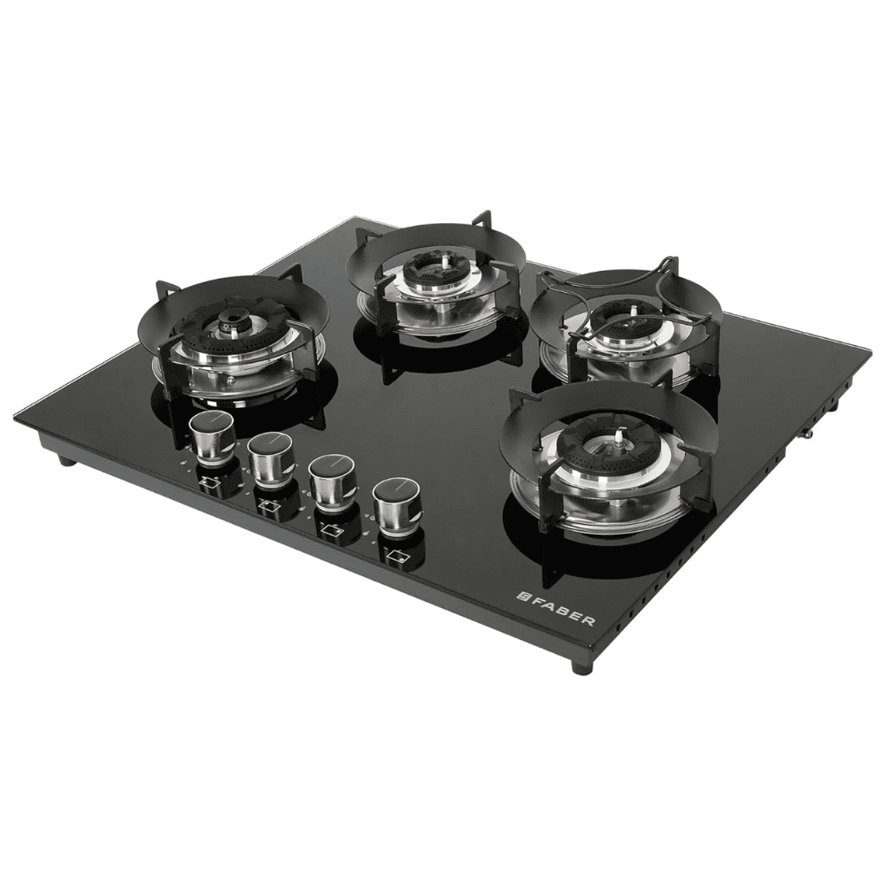 Faber Hob SUPERIA HT654 BR AI, 4 Burner 65 cm Auto Electric Ignition Glass Top Brass Burners 4 Medium Gas Stove, Hob/Hobtop (Black)