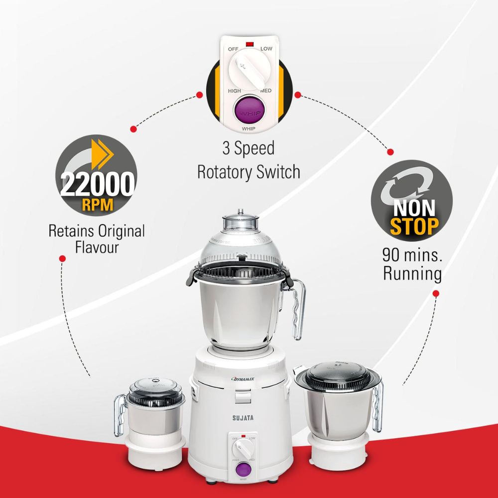 Sujata 900 Watts Stainless Steel, Mixer Grinder, 3 Versatile Jars (MG DYNAMIX, White)