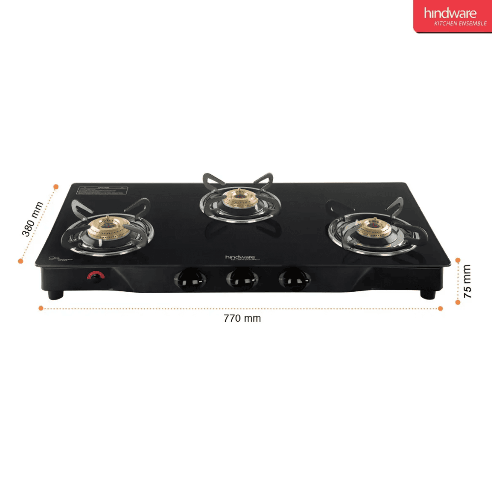 Hindware Cooktop, ARMO GL 3B BLK, 3 Burner Auto Manual Ignition Glass Top Brass Burner 1 Big + 1 Medium + 1 small Gas Stove (Black)