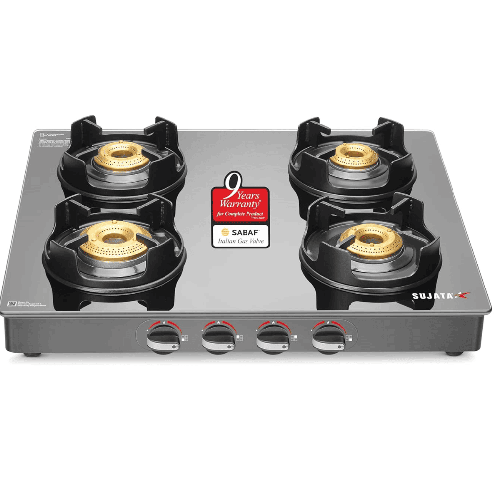 Sujata Cooktop Deluxe AI, 4 Burner Glass Top Auto Ignition Brass Burner Gas Stove (Black)