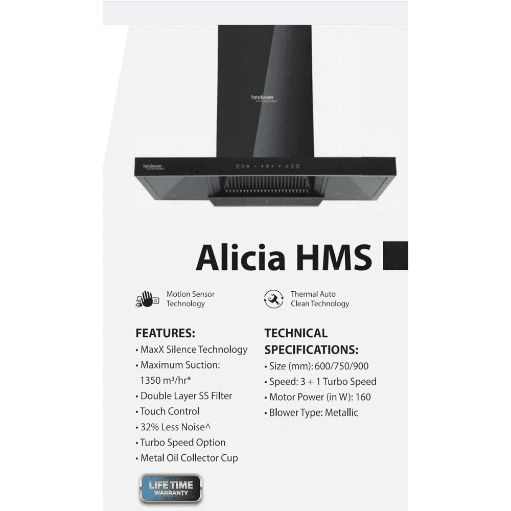Hindware ALICIA + HMS BLK, 60 cm 1350 m3/hr Auto-Clean Wall Mounted Filterless Kitchen Chimney (Black)