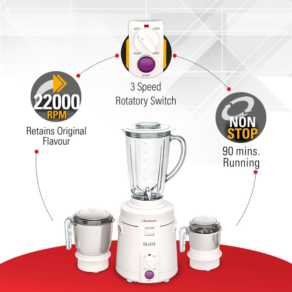 Sujata 900 Watts Stainless Steel, Mixer Grinder, 3 Versatile Jars ( MG SUPERMIX, Black)