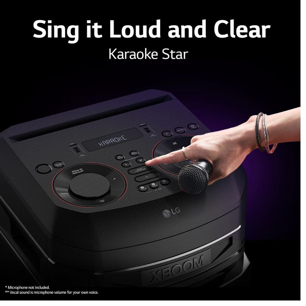 LG Karaoke Bluetooth with1 Mic + 1 Guitar Input, Wireless Party Link Soundbar (XBOOM RNC5)
