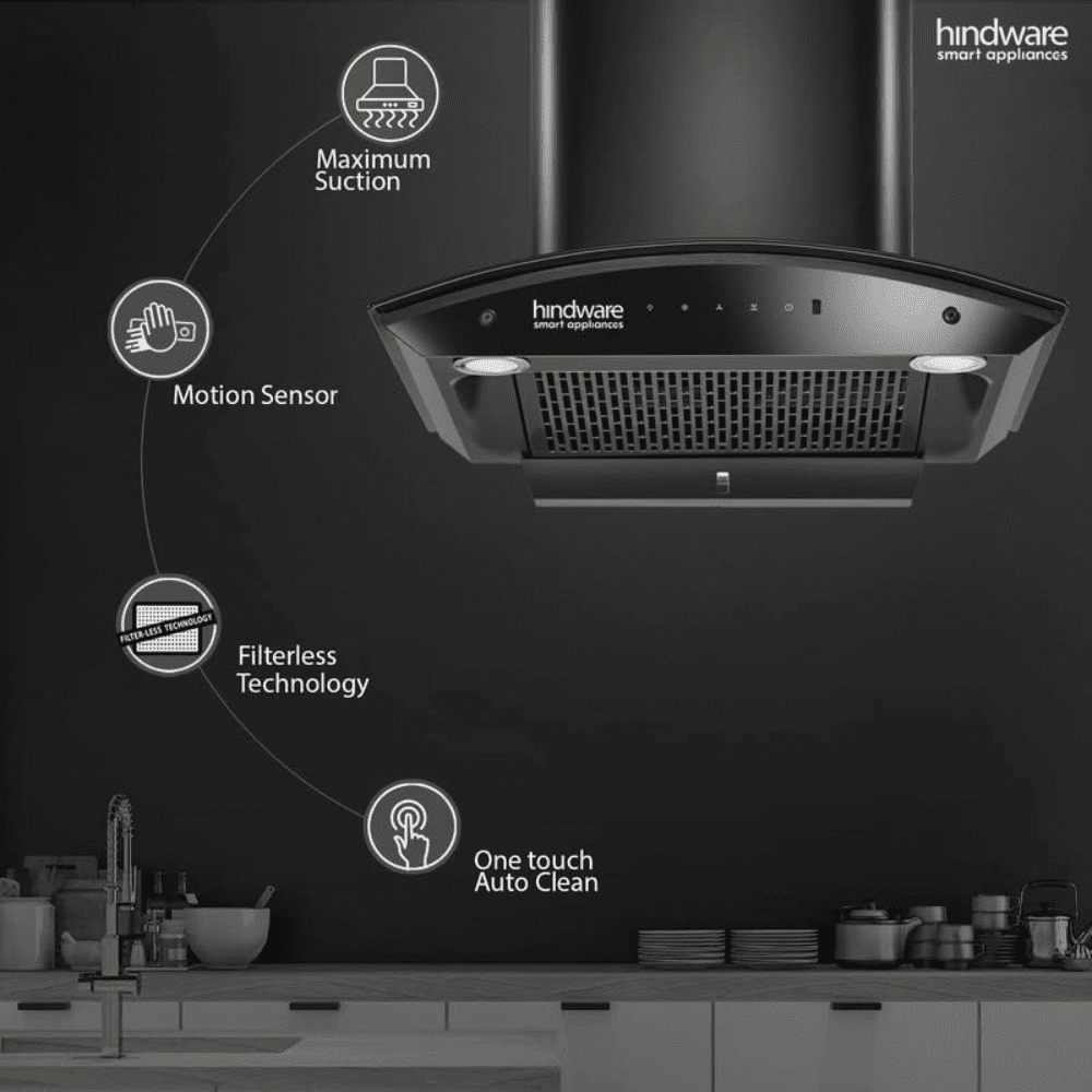Hindware DIVINA, 60 cm 1200 m3/hr Auto-Clean Kitchen Chimney, Motion Sensor & Touch Control (Black)