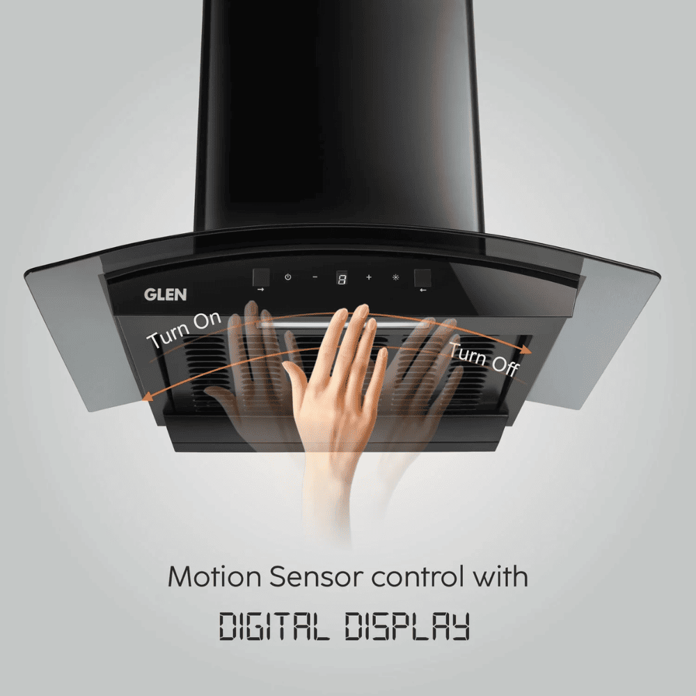 Glen 6058  BL, 90 cm 1200 m3/hr Auto Clean Wall Mounted Curved Glass Kitchen Chimney, Filterless Technology (Black)