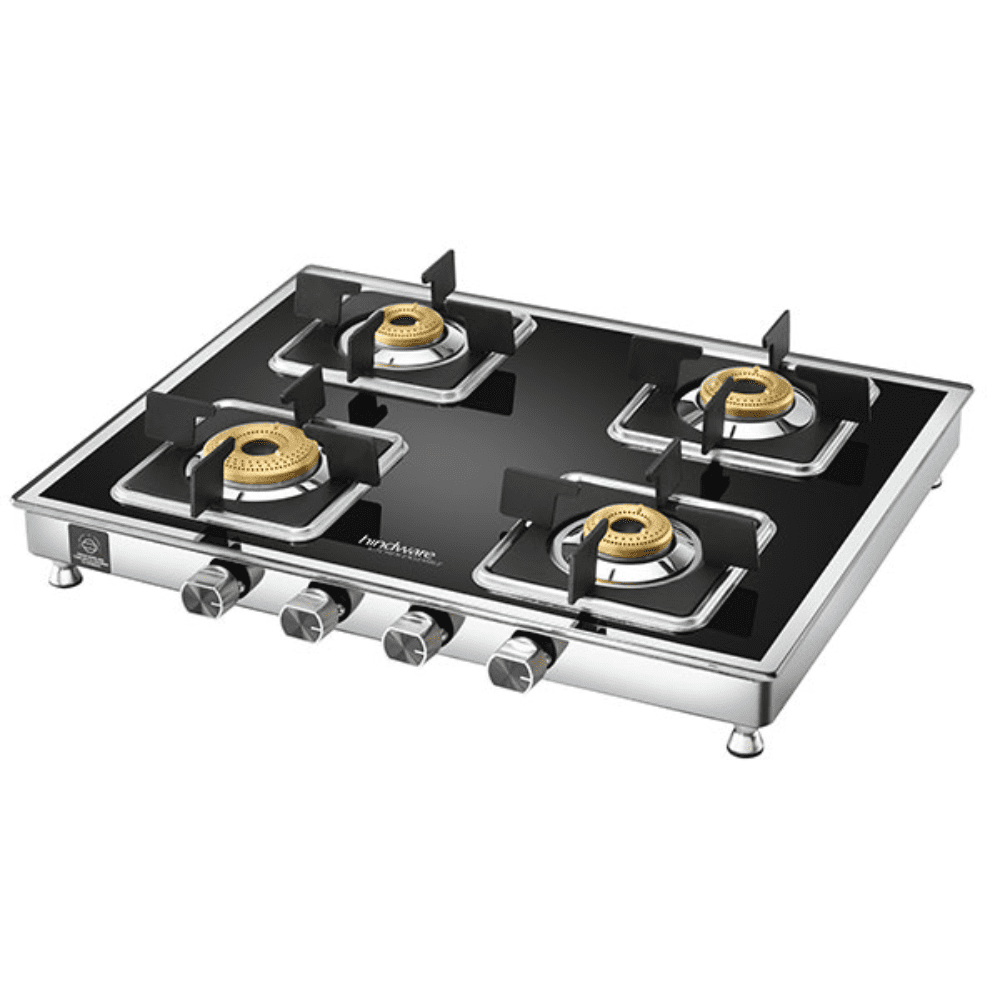 Hindware Cooktop, DARIO SS 4B AI, 4 Burner cm Auto Ignition Matt finished Glass Top Stainless Steel Burner 4 Medium Gas Stove (Black)