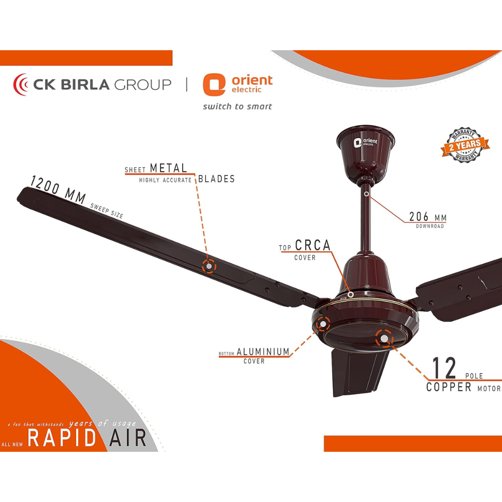 Orient Electric Rapid Air, 1200mm 3 Blade Electroplated Decorative Ceiling Fan
