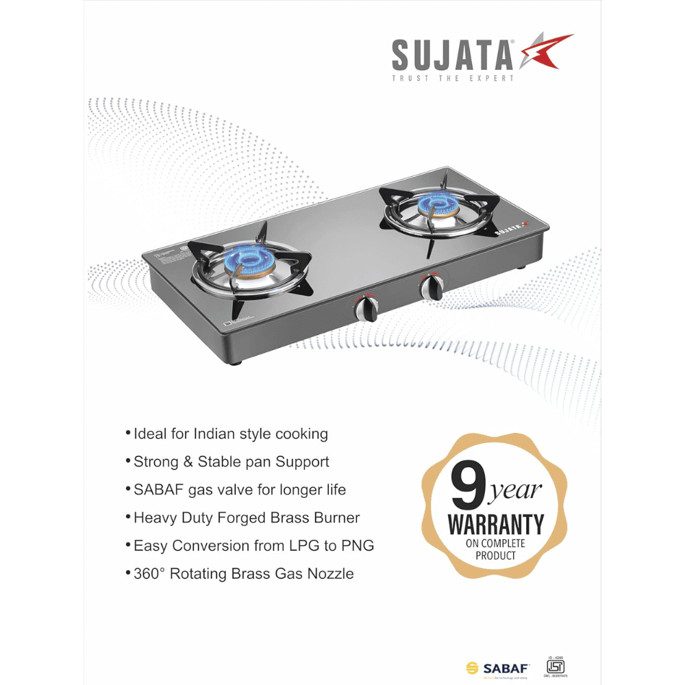 Sujata Cooktop Standard, 2 Burner Glass Top Brass Burner Gas Stove (Black)