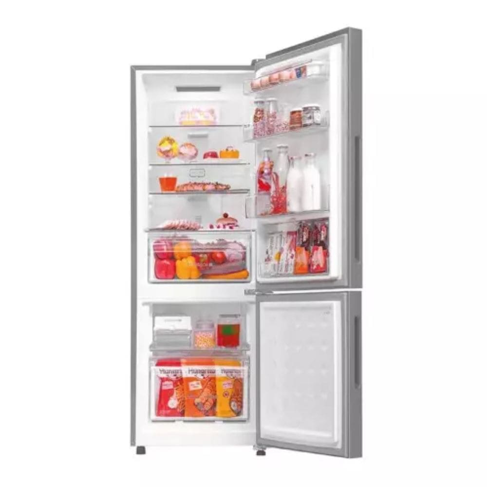 Haier 237 Ltrs, 2 Star Frost Free Double Door Bottom Mount Refrigerator (HRB 2872IETSA P, Titanium Steel)