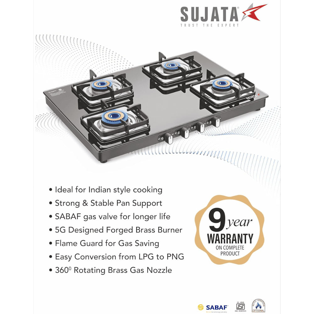 Sujata Cooktop Classic AI, 4 Burner Glass Top Auto Ignition Brass Burner Gas Stove (Black)