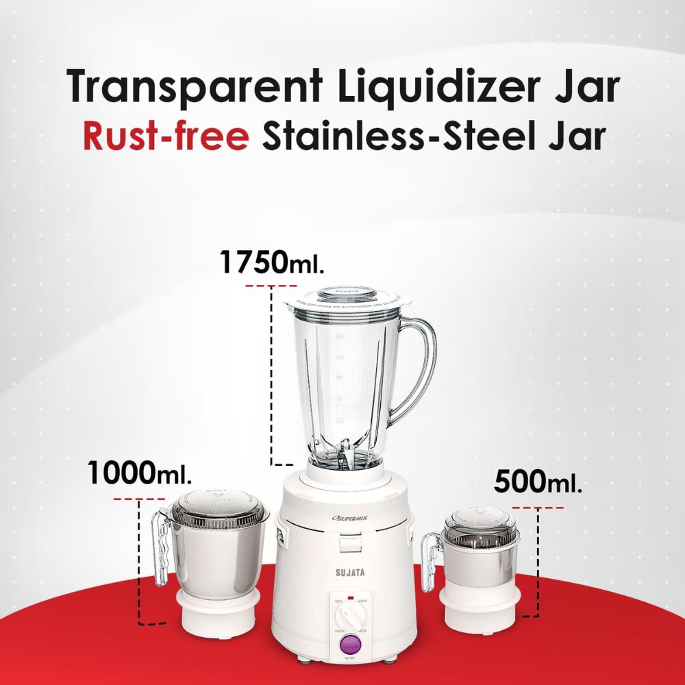Sujata 900 Watts Stainless Steel, Mixer Grinder, 3 Versatile Jars ( MG SUPERMIX, Black)
