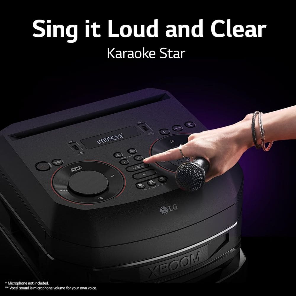 LG Karaoke Bluetooth with1 Mic + 1 Guitar Input, Wireless Party Link Soundbar (XBOOM RNC9, 3.1 Channel)