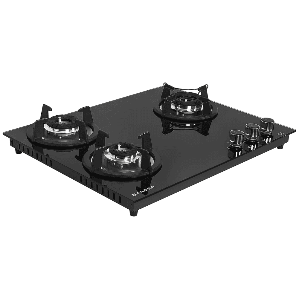 Faber Hob SUPERIA HT653 BR AI, 3 burner 65 cm Auto Ignition Glass Top Full Brass Burners 1 Medium + 1 Small +1 High Flame Gas Stove (Black)