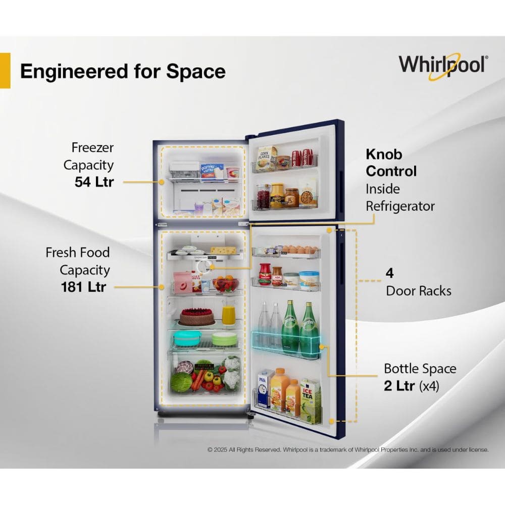 Whirlpool 235 Ltrs, 2 Star Frost Free Double Door Inverter Refrigerator (NEO SP278 PRM SAPPHIRE SILK 2S)