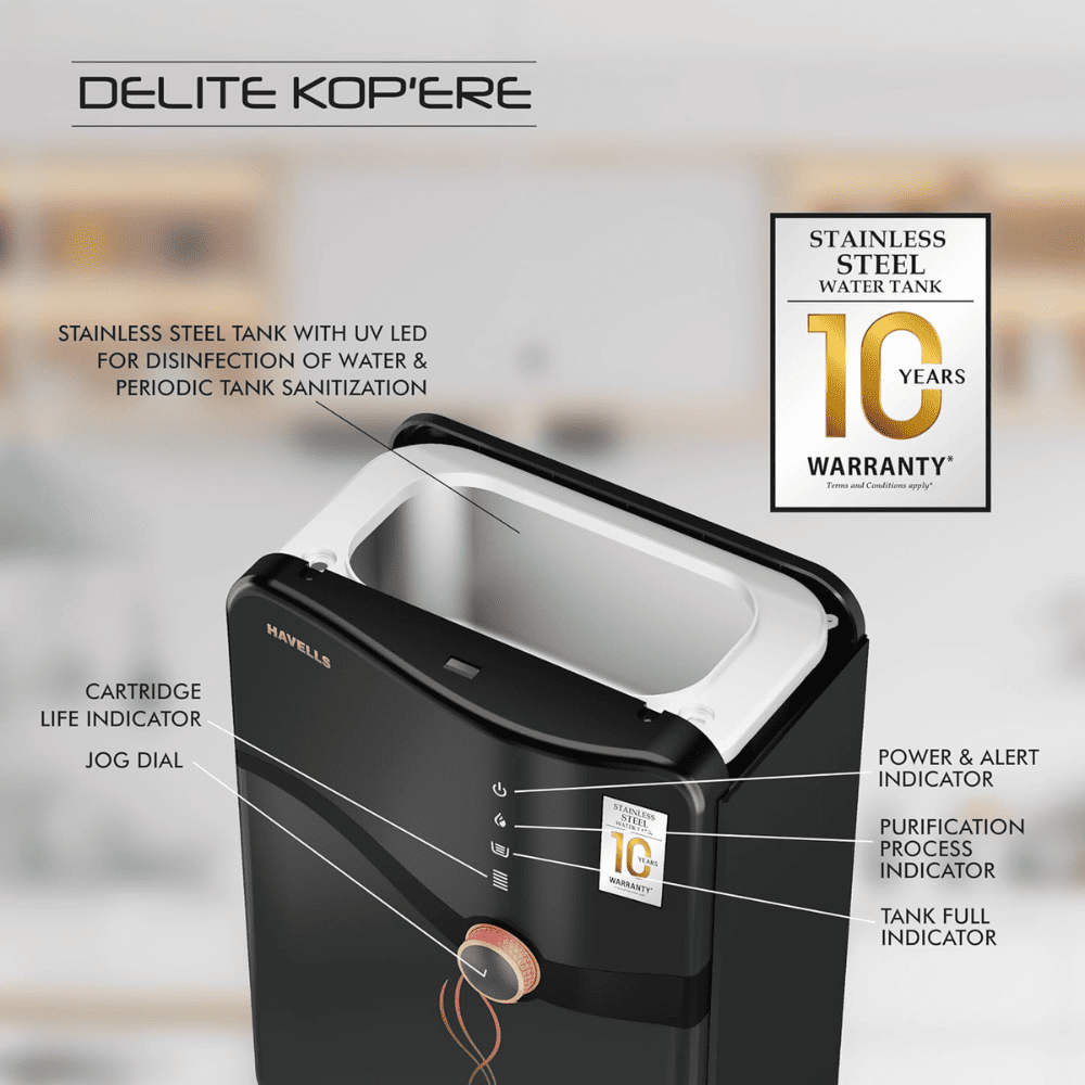 Havells Delite Kop'ere, 6.5 Ltrs Storage, RO+UV+pH Balance Wall Maountable Water Purifier, Black
