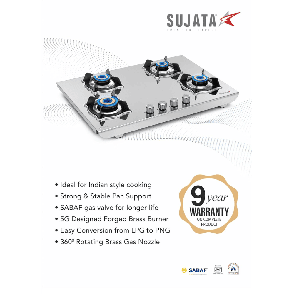 Sujata Cooktop Robusto CR AI, 4 Burner Auto Ignition Stainless Steel Gas Stove (Silver)