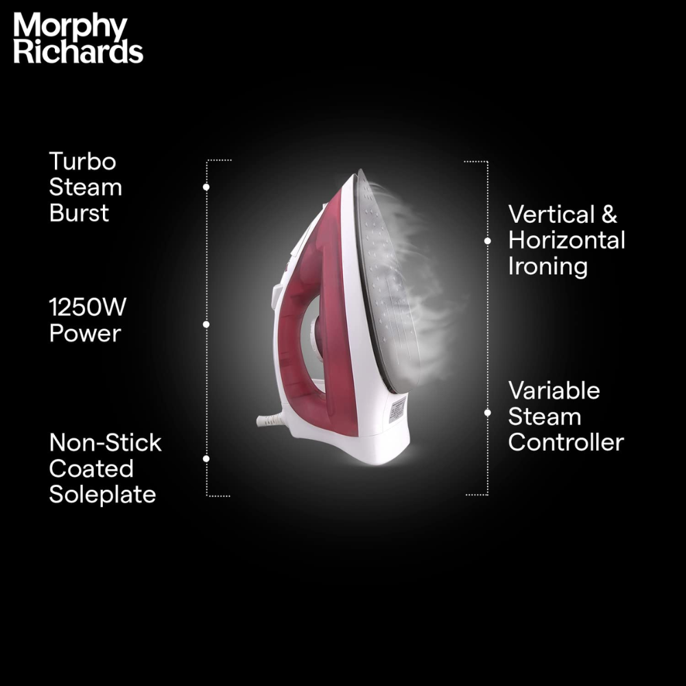 Morphy Richards Plastic Glide, 1250 Watts Steam Iron with Steam Burst, Non-Stick Coated Soleplate (White & Red)