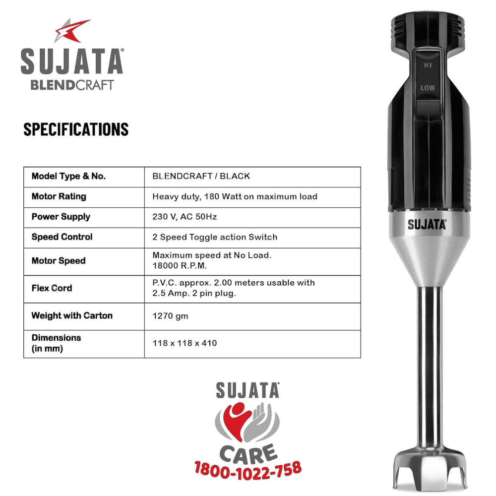 Sujata 180 Watts Stainless Steel Hand Blender (Blendcraft, Black)