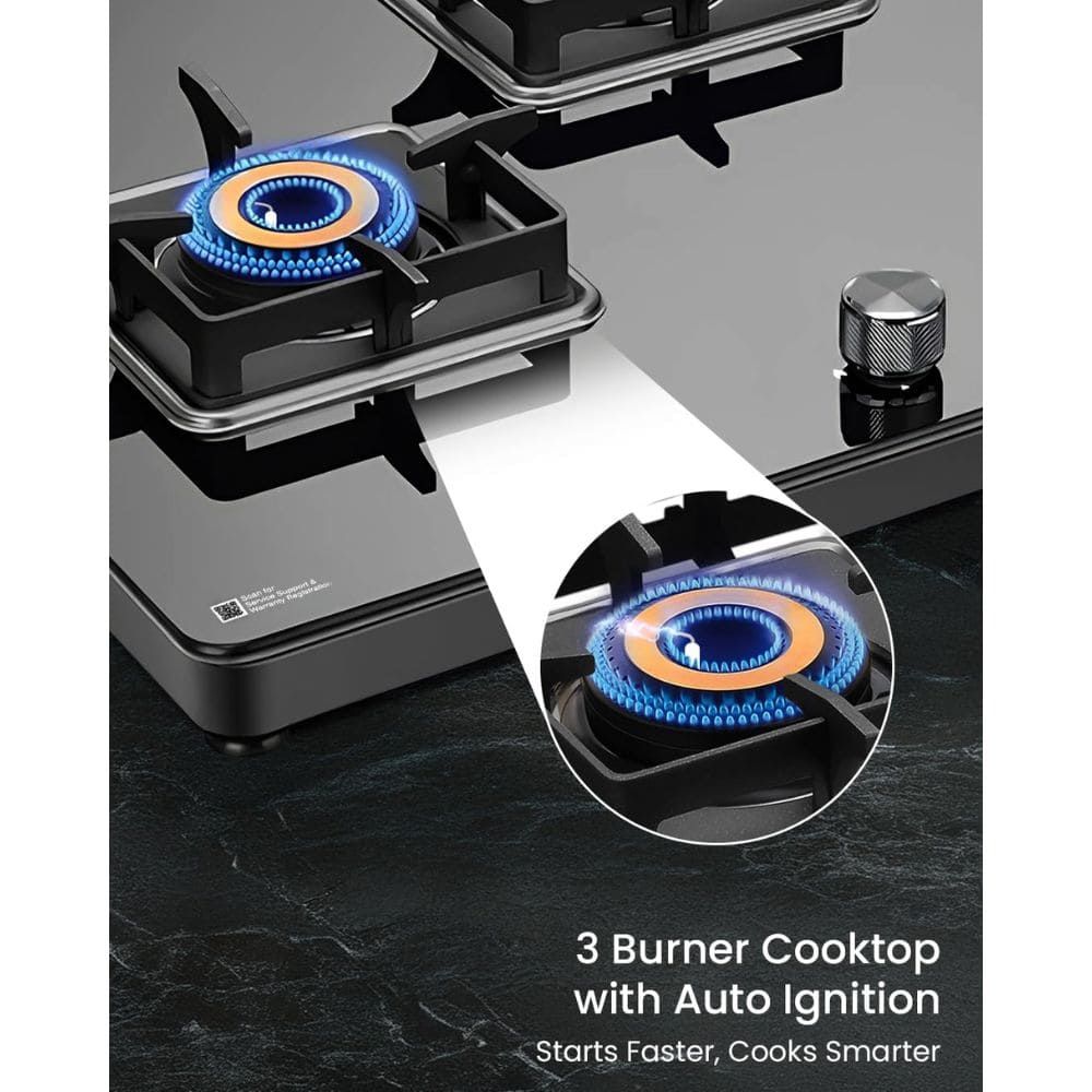 Sujata Cooktop Premium, 3 Burner Glass Top Forged Brass Burner Gas Stove (Black)