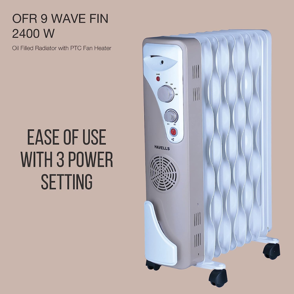 Havells 9 Wave Fins, 2400 Watts Oil Filled Radiators Room Heater with PTC Fan (OFR9F, Beige)