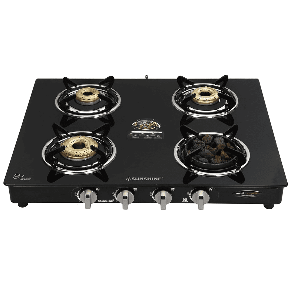 Sunshine Cooktop, 4BR METHI ANGEETHI PRO, 4 Burner 50 cm Manual Ignition Glass Top Brass Burner 1 Lava Rocks Medium + 1 Small +1 High Flame Gas Stove (Black)