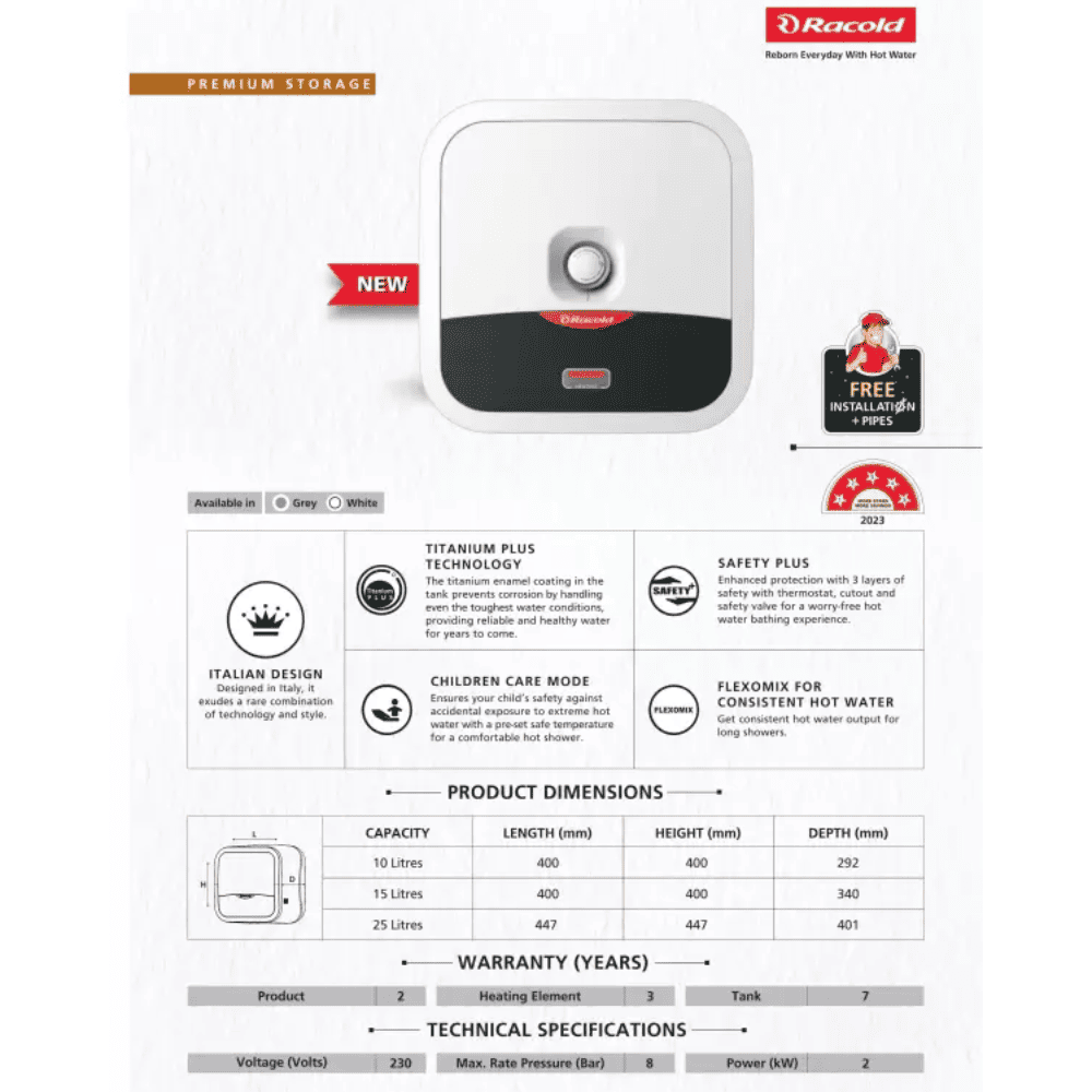 Racold 25 Ltrs Vertical Storage, 5 Star Water Heater Geyser (OMNIS 25 R 2KW, White & Black)