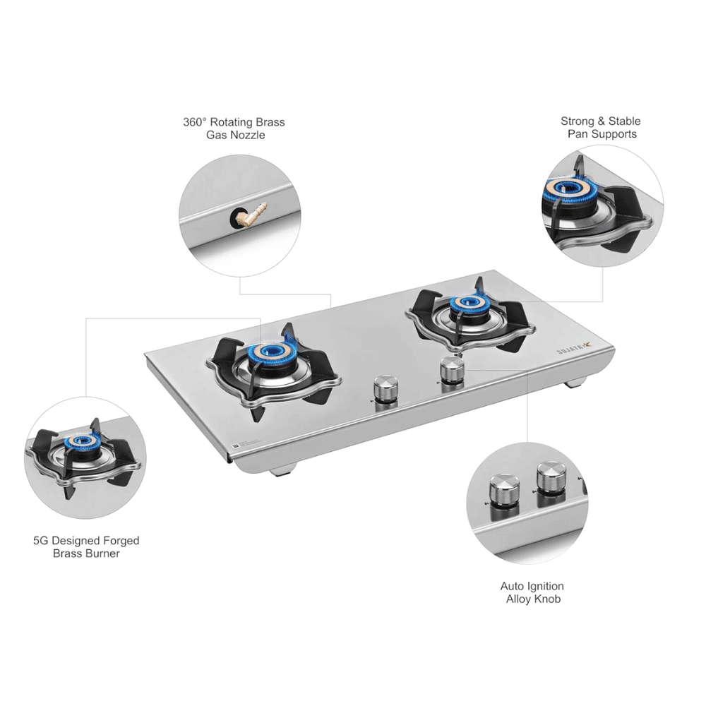 Sujata Cooktop Robusto Plus, 2 Burner Manual Stainless Steel Gas Stove (Silver)