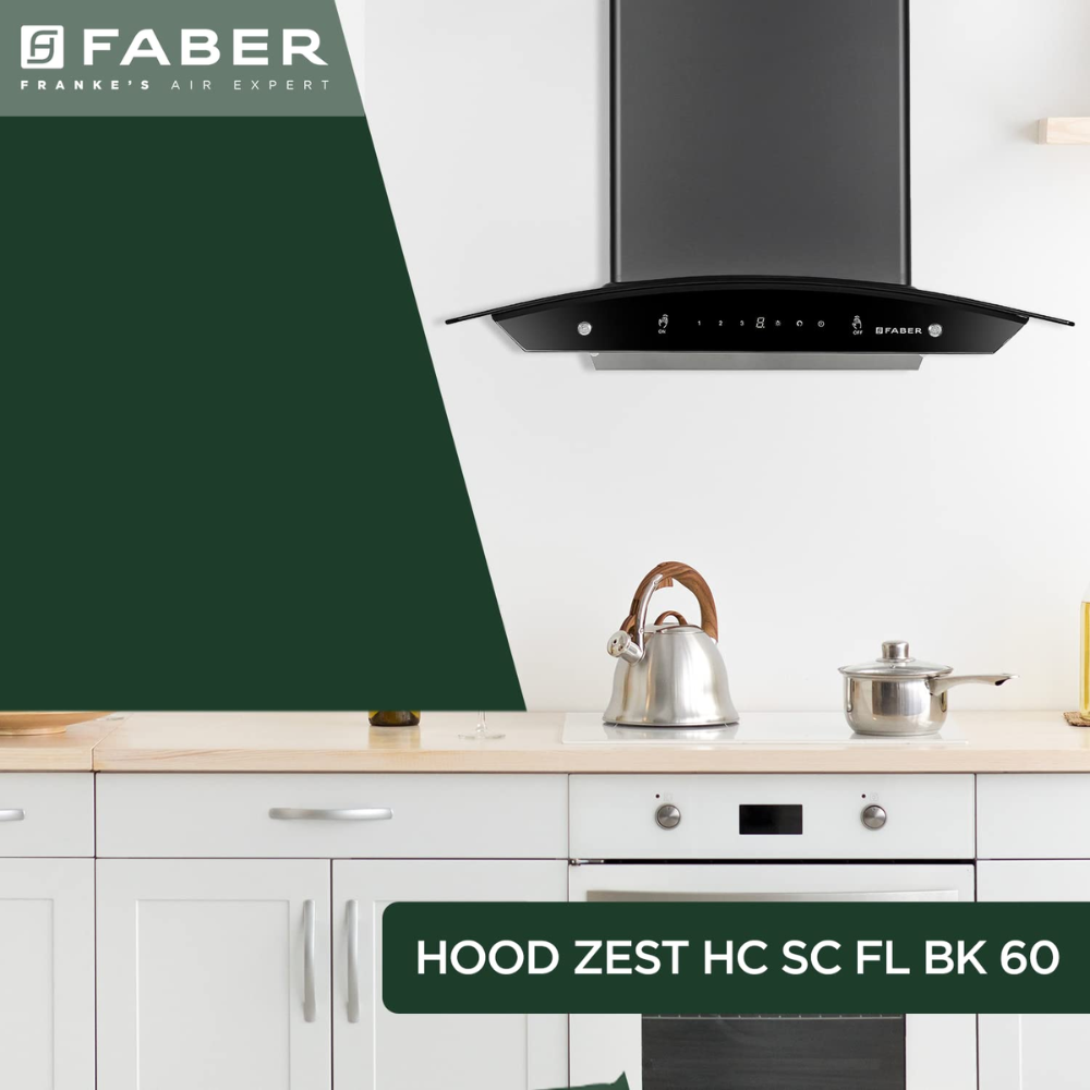 Faber ZEST HC SC FL BK, 60 cm 1200 m3/hr Auto-Clean curved glass Kitchen Chimney (Black)