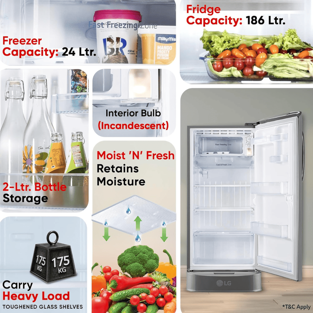 LG 210 Ltrs 3 Star, Inverter Direct Cool, Single Door Refrigerator (GL-D231APZU)