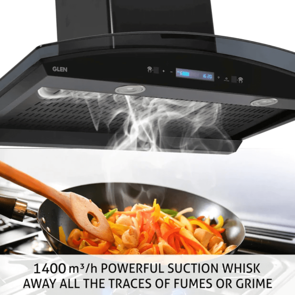 Glen 6061 MS1400 BL BLDC, 90 cm 1400 m3/hr Auto Clean Curved Glass Chimney (Black)