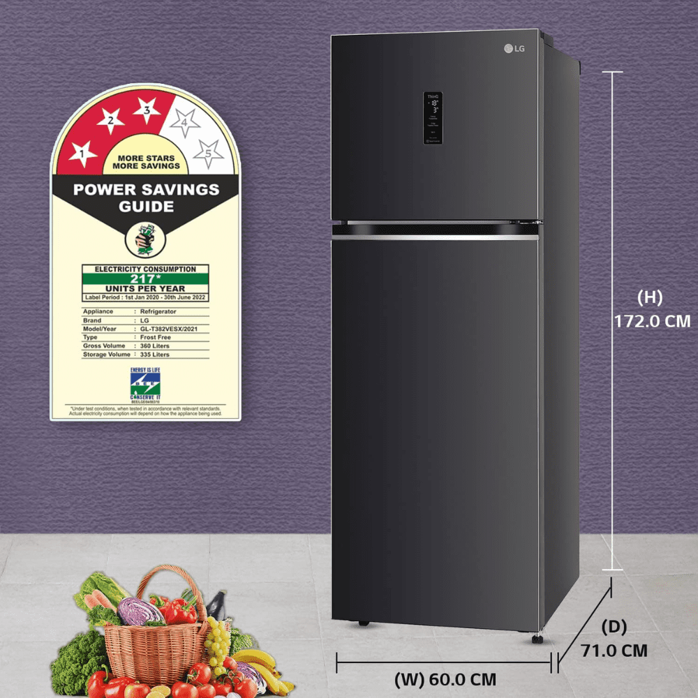 LG 360 Ltrs 3 Star Smart Wi-Fi +Inverter Frost Free Double Door Refrigerator (GL-T382VESX, Ebony Sheen)